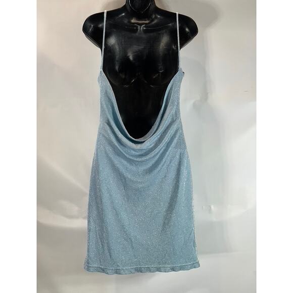 HUGO BUSCATI COLLECTION Women's Blue Shimmer Vintage Spaghetti Strap Dress SZ M - Picture 2 of 12